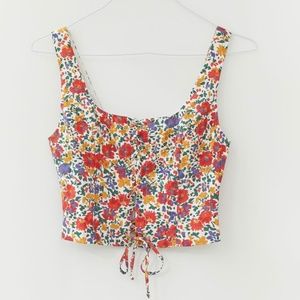 UO Aurora Cottage Core Floral Lace-Up Peasant Top